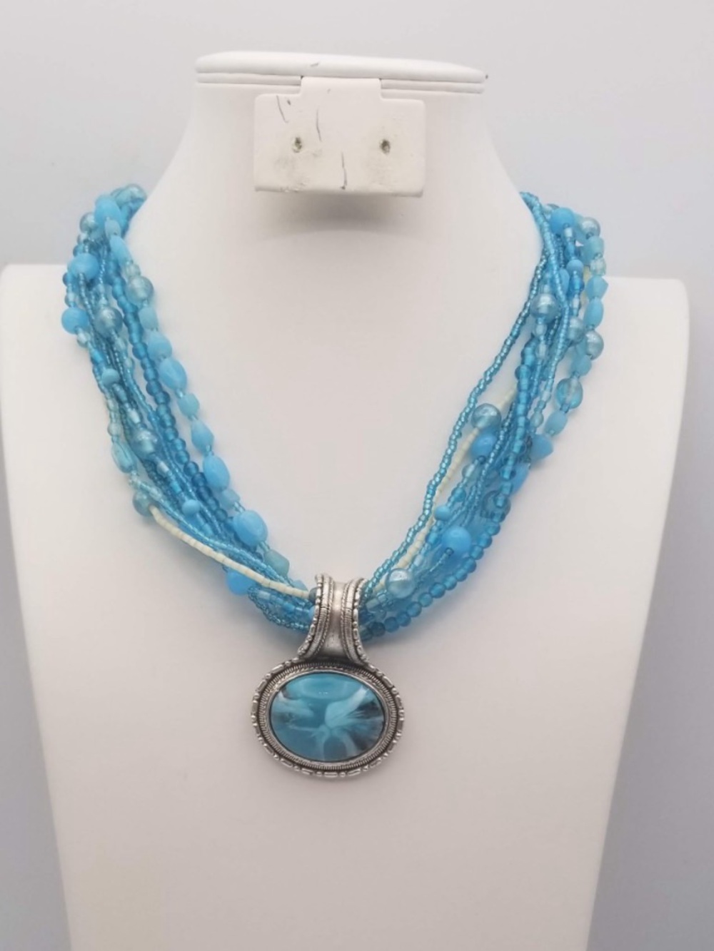 Multistrand Blue Beaded Necklace with Silver Pendant